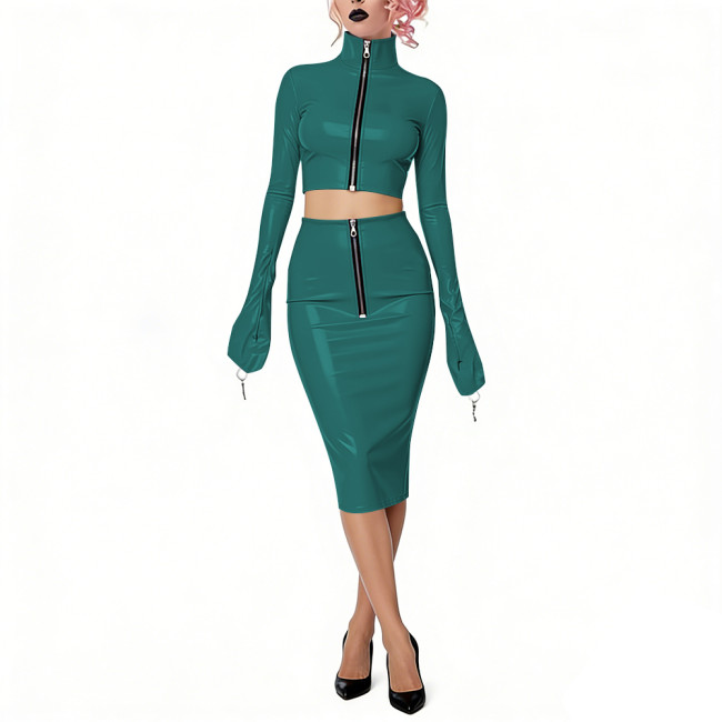 Shiny Vinyl PVC Dress Outfits Full Sleeves Stand Collar Crop Top with High Waist Bodycon Midi Skirt Club Bondage 2-Piece Set