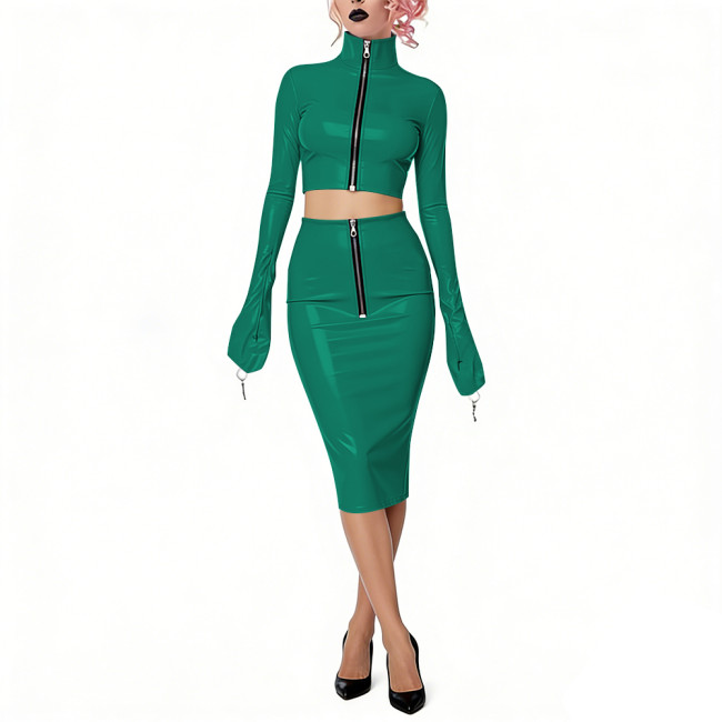 Shiny Vinyl PVC Dress Outfits Full Sleeves Stand Collar Crop Top with High Waist Bodycon Midi Skirt Club Bondage 2-Piece Set