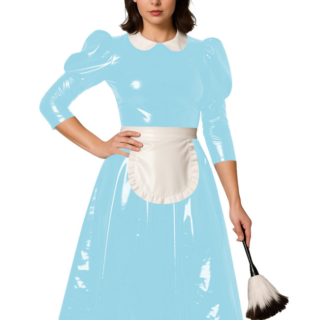 Classic Lolita Long Maid Dress with Puff Sleeve Revelry Party French Maid Cosplay Dress Outfits PVC Shiny Leather Maid Uniforms