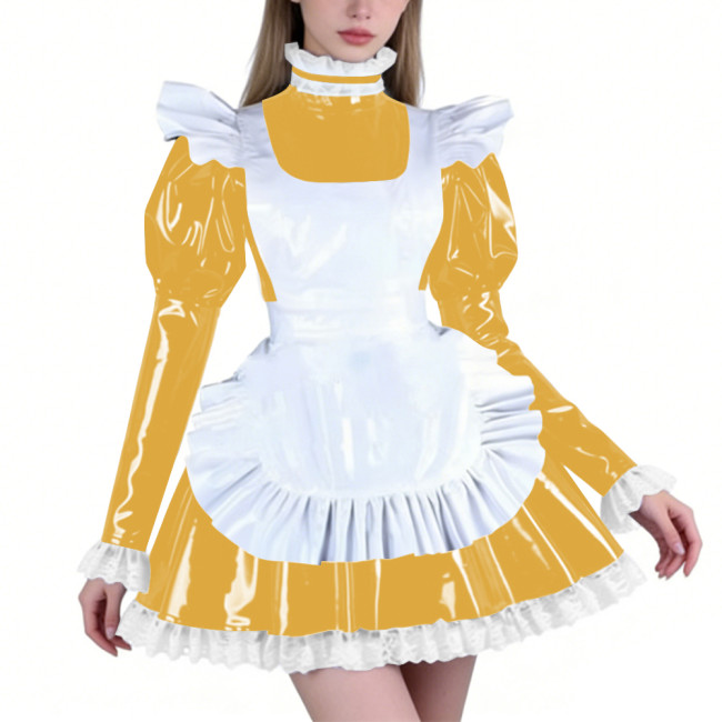 Sissy PVC Maid Lolita High Neck Mini Dress with Puff Sleeve Fetish Lockable Cosplay Pleated A-line Dress Party French Outfits