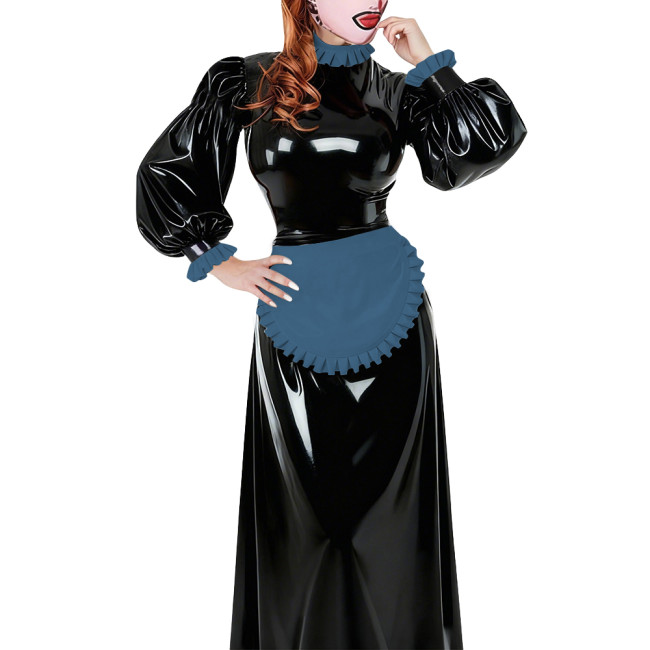 Lolita French Apron Maid Long Dresses Sissy Cross-dresser Waitress Maid Party Cosplay Costume Vinyl PVC Leather Maid Uniforms