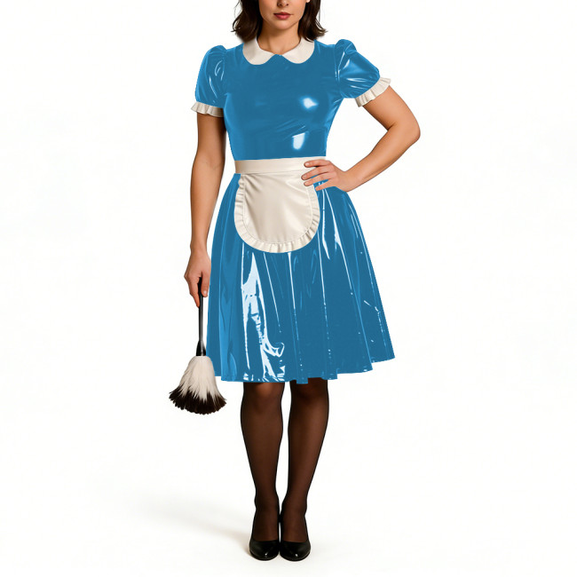Puff Short Sleeve Party Maid Uniforms Vinyl PVC Leather Doll Collar Sweet Knee-lenght Dress with Apron Crossdressering Outfits