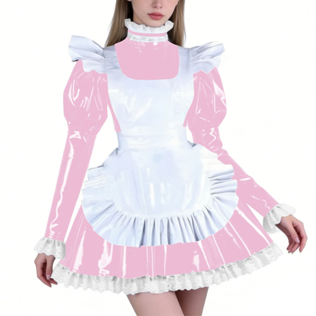 Sissy PVC Maid Lolita High Neck Mini Dress with Puff Sleeve Fetish Lockable Cosplay Pleated A-line Dress Party French Outfits