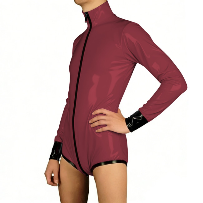 Long Sleeve Shiny PVC Faux Leather Bodysuit for Mens High Neck Zipper Open Crotch Tights Catsuit Club Sexy Body Unitard Leotard