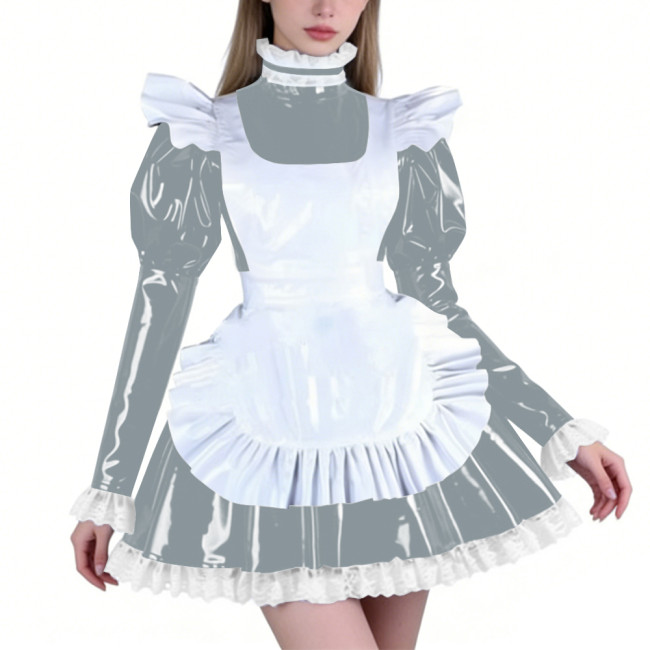 Sissy PVC Maid Lolita High Neck Mini Dress with Puff Sleeve Fetish Lockable Cosplay Pleated A-line Dress Party French Outfits