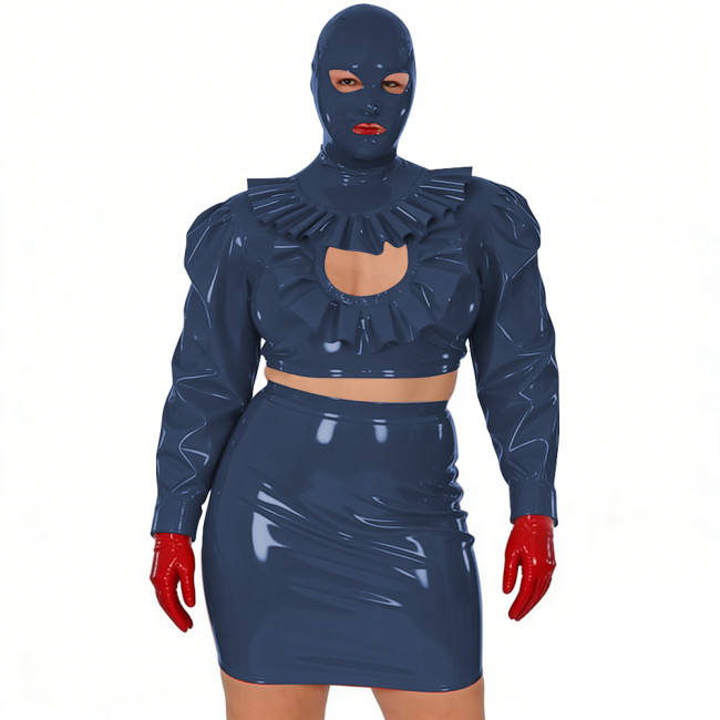 Wet Look Novelty Hollow Crop Top Bodycon Mini Skirt with Mask 3-Piece Set Sexy PVC Clubwear Halloween Party Cosplay Outfits 7XL