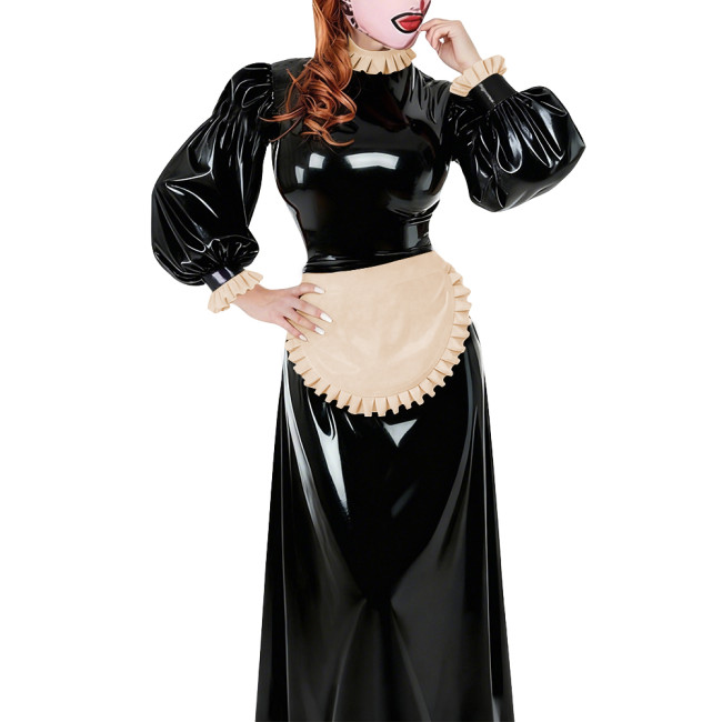 Lolita French Apron Maid Long Dresses Sissy Cross-dresser Waitress Maid Party Cosplay Costume Vinyl PVC Leather Maid Uniforms