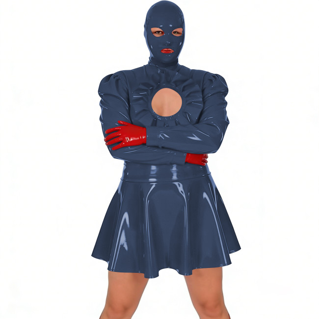 Shiny Latex-look Mini Pleated Dress Exotic Unisex Adult Full Head Cover Long Sleeve Short PVC Dresses Cutout Nightclub Vestidos