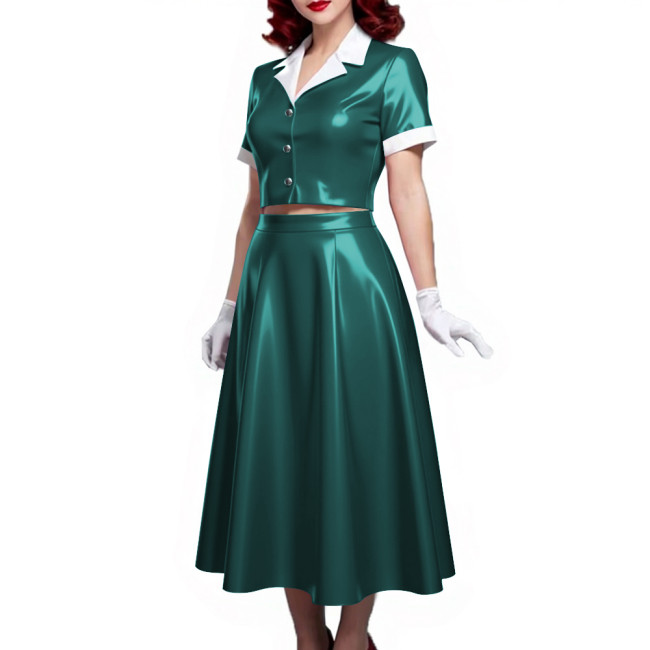 PVC Vinyl Leather Midi Dress Sets for Women 2 Piece Suit Wetlook Ladies Elegant Outfit Plus Size Button Top Pleated A-line Skirt
