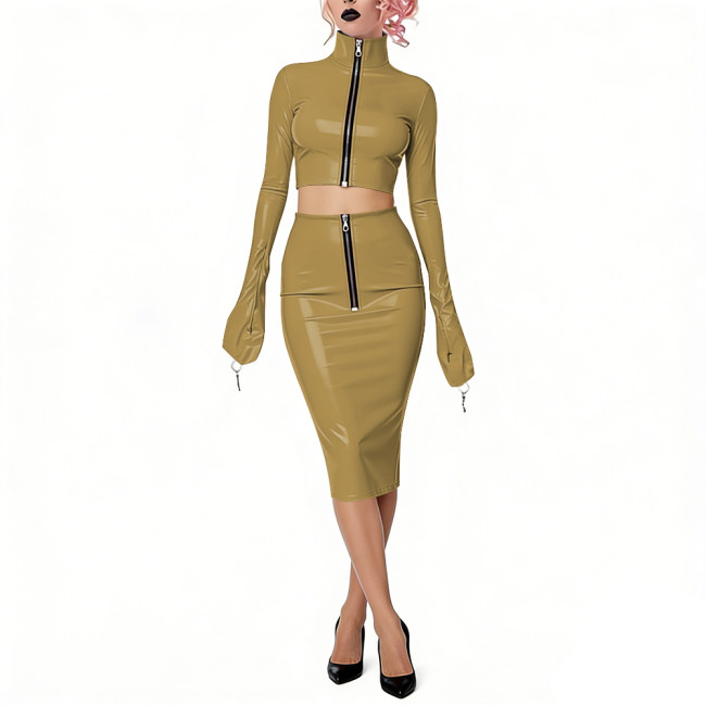 Shiny Vinyl PVC Dress Outfits Full Sleeves Stand Collar Crop Top with High Waist Bodycon Midi Skirt Club Bondage 2-Piece Set