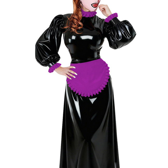 Lolita French Apron Maid Long Dresses Sissy Cross-dresser Waitress Maid Party Cosplay Costume Vinyl PVC Leather Maid Uniforms