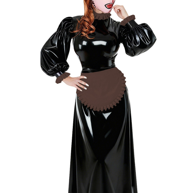Lolita French Apron Maid Long Dresses Sissy Cross-dresser Waitress Maid Party Cosplay Costume Vinyl PVC Leather Maid Uniforms