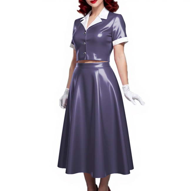 PVC Vinyl Leather Midi Dress Sets for Women 2 Piece Suit Wetlook Ladies Elegant Outfit Plus Size Button Top Pleated A-line Skirt