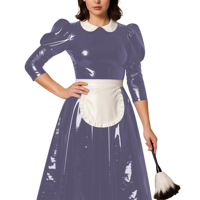 Classic Lolita Long Maid Dress with Puff Sleeve Revelry Party French Maid Cosplay Dress Outfits PVC Shiny Leather Maid Uniforms