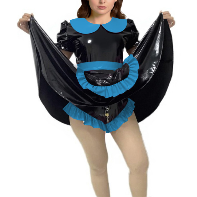 Shiny Vinyl PVC Dress Outfits Full Sleeves Stand Collar Crop Top with High Waist Bodycon Midi Skirt Club Bondage 2-Piece Set