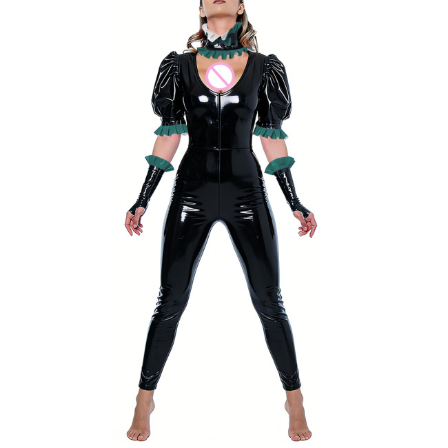 Fetish Punk Party Cosplay Jumpsuit Outfits Sexy V-neck Puff Sleeve Vinyl PVC Leather Catsuit with Ruffles Collar Gloves Clubwear