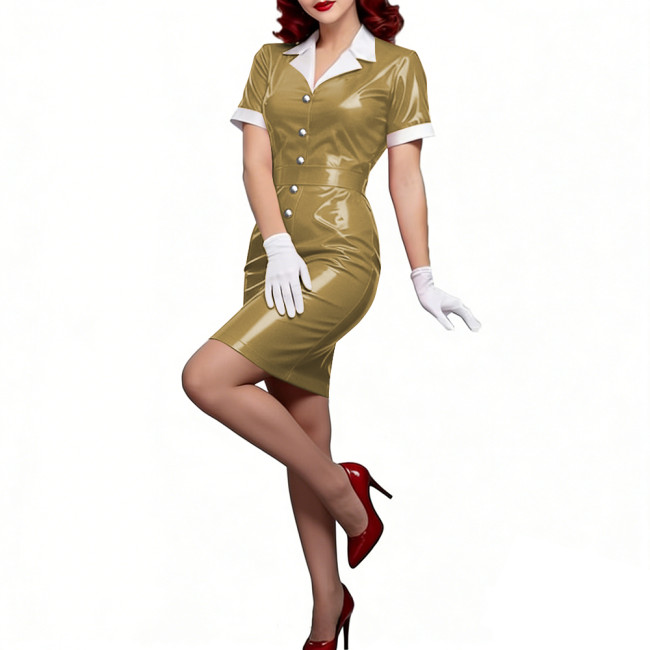 Ladies PVC Mini Bodycon Dress Wet-look Short Sleeves Turn-Down Collar Sexy Tight Dress Single-breasted Club Party Womens Dresses