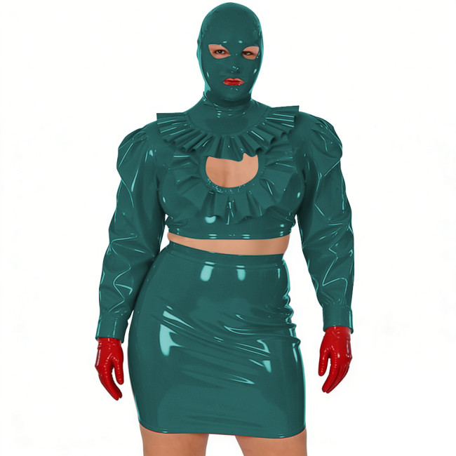 Wet Look Novelty Hollow Crop Top Bodycon Mini Skirt with Mask 3-Piece Set Sexy PVC Clubwear Halloween Party Cosplay Outfits 7XL