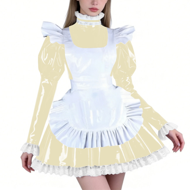 Sissy PVC Maid Lolita High Neck Mini Dress with Puff Sleeve Fetish Lockable Cosplay Pleated A-line Dress Party French Outfits