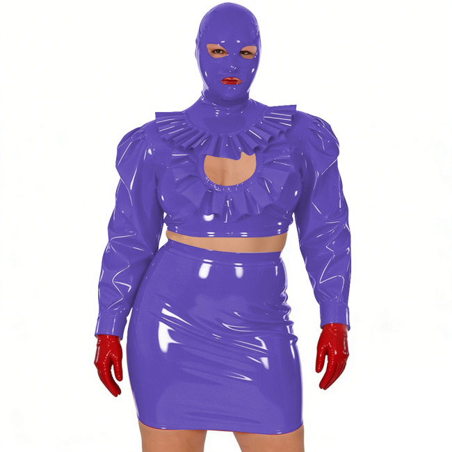 Wet Look Novelty Hollow Crop Top Bodycon Mini Skirt with Mask 3-Piece Set Sexy PVC Clubwear Halloween Party Cosplay Outfits 7XL