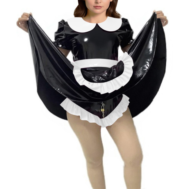 Shiny Vinyl PVC Dress Outfits Full Sleeves Stand Collar Crop Top with High Waist Bodycon Midi Skirt Club Bondage 2-Piece Set