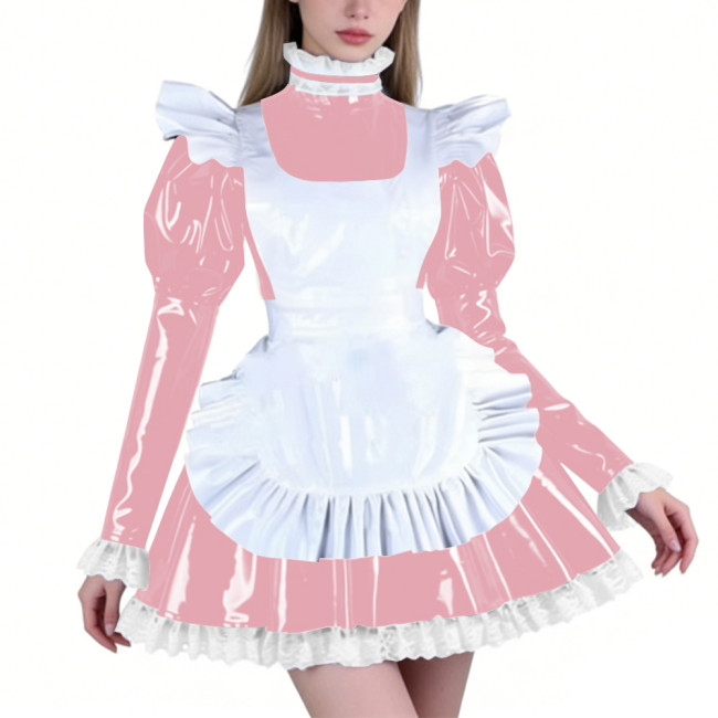 Sissy PVC Maid Lolita High Neck Mini Dress with Puff Sleeve Fetish Lockable Cosplay Pleated A-line Dress Party French Outfits