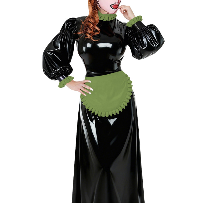 Lolita French Apron Maid Long Dresses Sissy Cross-dresser Waitress Maid Party Cosplay Costume Vinyl PVC Leather Maid Uniforms