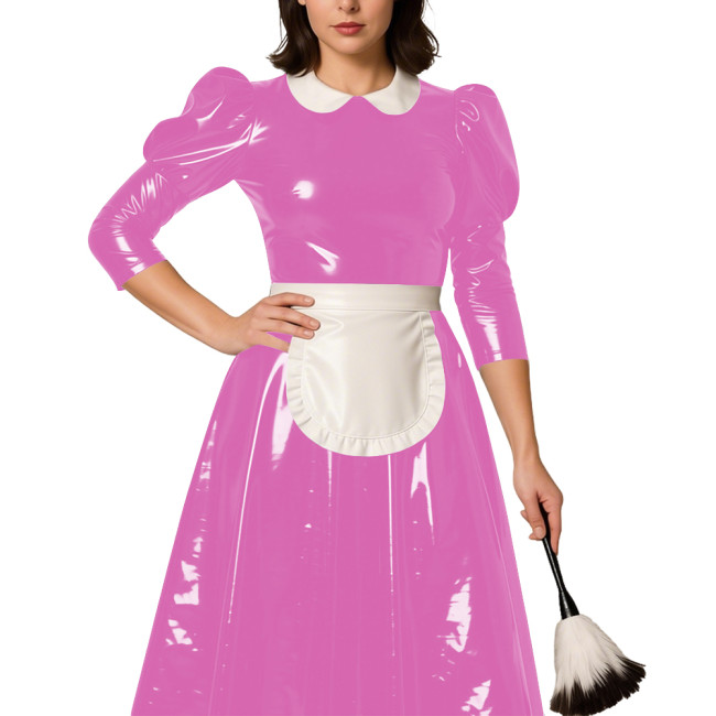 Classic Lolita Long Maid Dress with Puff Sleeve Revelry Party French Maid Cosplay Dress Outfits PVC Shiny Leather Maid Uniforms
