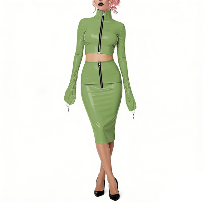 Shiny Vinyl PVC Dress Outfits Full Sleeves Stand Collar Crop Top with High Waist Bodycon Midi Skirt Club Bondage 2-Piece Set