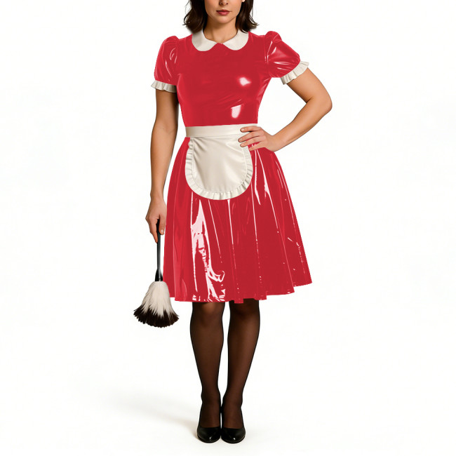 Puff Short Sleeve Party Maid Uniforms Vinyl PVC Leather Doll Collar Sweet Knee-lenght Dress with Apron Crossdressering Outfits