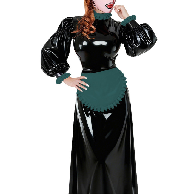 Lolita French Apron Maid Long Dresses Sissy Cross-dresser Waitress Maid Party Cosplay Costume Vinyl PVC Leather Maid Uniforms