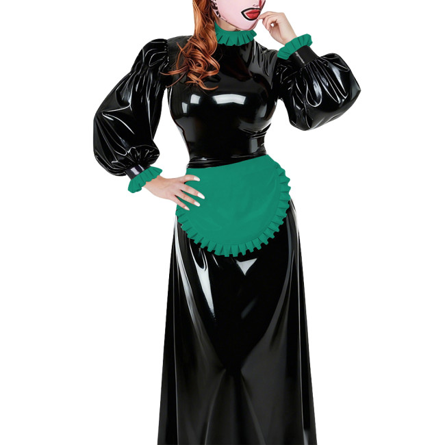 Lolita French Apron Maid Long Dresses Sissy Cross-dresser Waitress Maid Party Cosplay Costume Vinyl PVC Leather Maid Uniforms