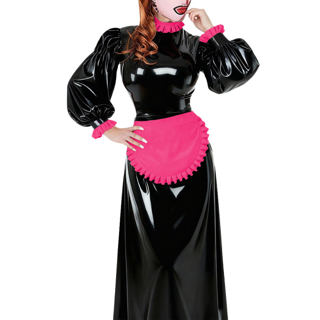 Lolita French Apron Maid Long Dresses Sissy Cross-dresser Waitress Maid Party Cosplay Costume Vinyl PVC Leather Maid Uniforms