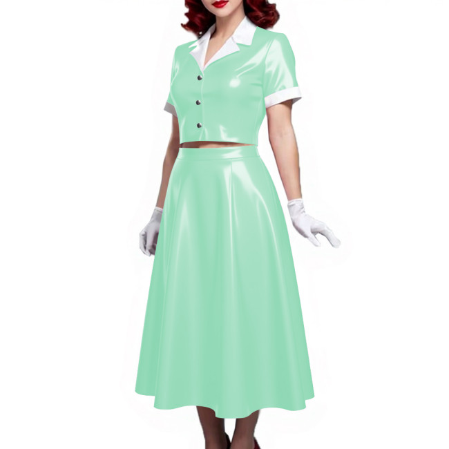 PVC Vinyl Leather Midi Dress Sets for Women 2 Piece Suit Wetlook Ladies Elegant Outfit Plus Size Button Top Pleated A-line Skirt