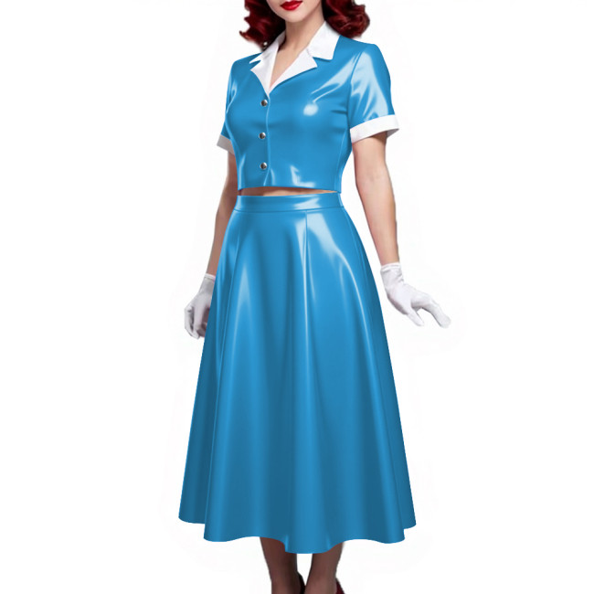 PVC Vinyl Leather Midi Dress Sets for Women 2 Piece Suit Wetlook Ladies Elegant Outfit Plus Size Button Top Pleated A-line Skirt