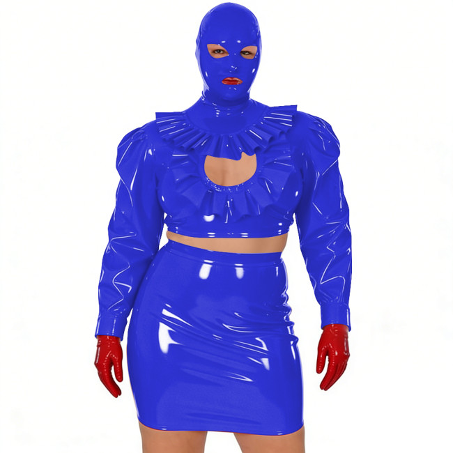 Wet Look Novelty Hollow Crop Top Bodycon Mini Skirt with Mask 3-Piece Set Sexy PVC Clubwear Halloween Party Cosplay Outfits 7XL