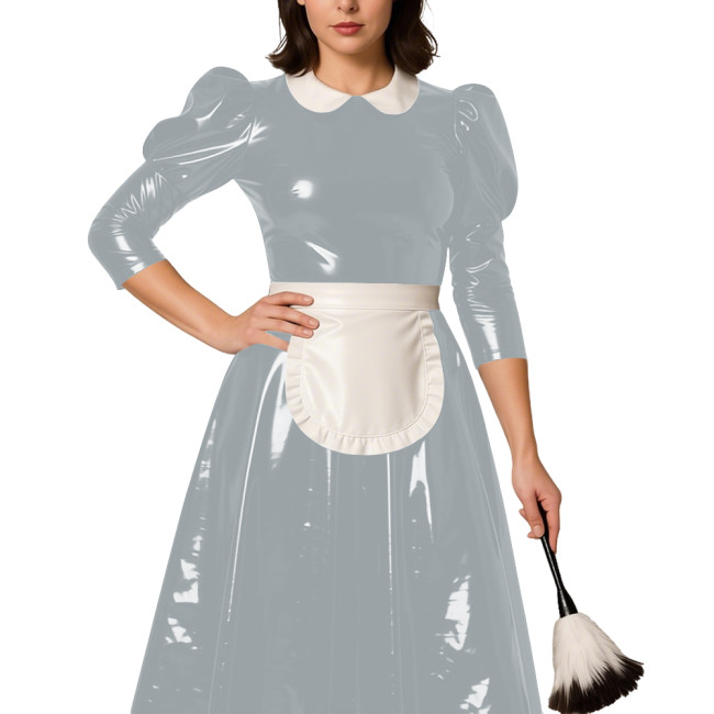 Classic Lolita Long Maid Dress with Puff Sleeve Revelry Party French Maid Cosplay Dress Outfits PVC Shiny Leather Maid Uniforms