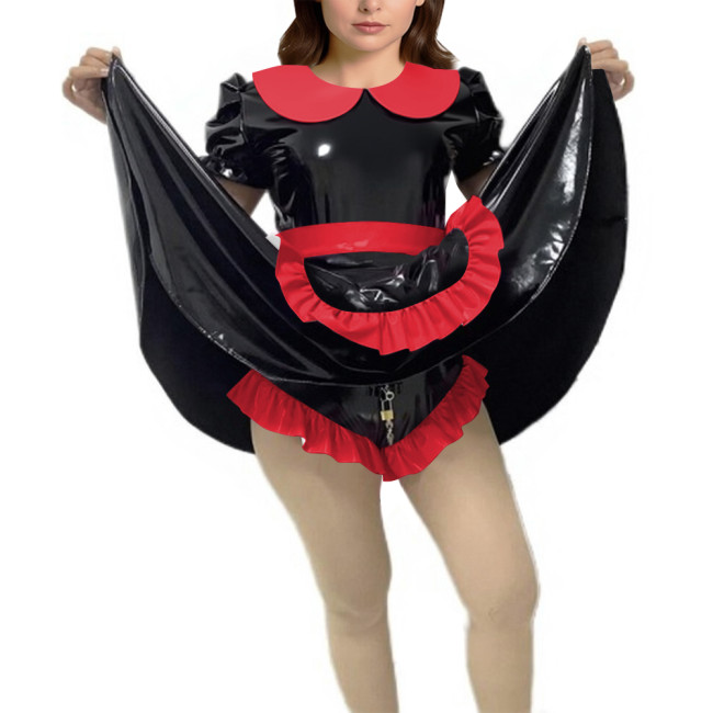 Shiny Vinyl PVC Dress Outfits Full Sleeves Stand Collar Crop Top with High Waist Bodycon Midi Skirt Club Bondage 2-Piece Set