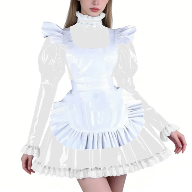 Sissy PVC Maid Lolita High Neck Mini Dress with Puff Sleeve Fetish Lockable Cosplay Pleated A-line Dress Party French Outfits