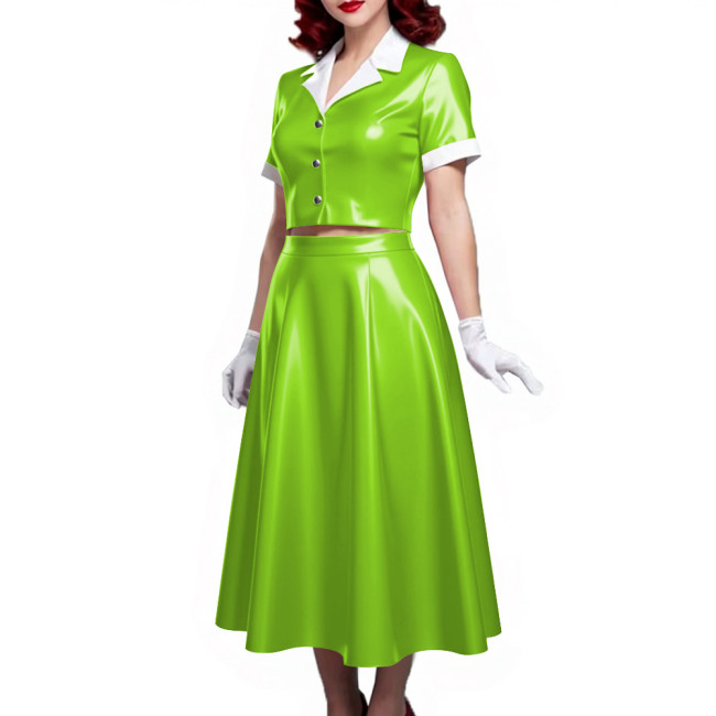 PVC Vinyl Leather Midi Dress Sets for Women 2 Piece Suit Wetlook Ladies Elegant Outfit Plus Size Button Top Pleated A-line Skirt