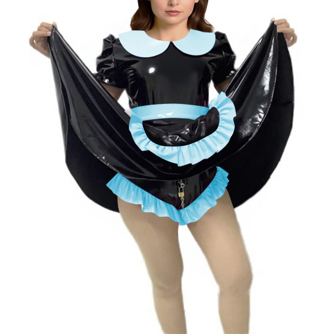 Shiny Vinyl PVC Dress Outfits Full Sleeves Stand Collar Crop Top with High Waist Bodycon Midi Skirt Club Bondage 2-Piece Set