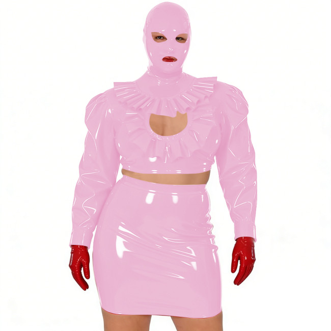 Wet Look Novelty Hollow Crop Top Bodycon Mini Skirt with Mask 3-Piece Set Sexy PVC Clubwear Halloween Party Cosplay Outfits 7XL