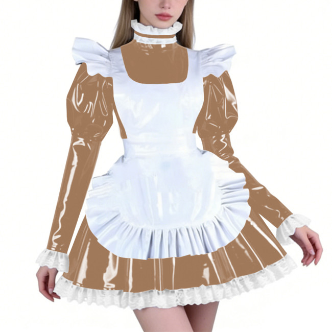 Sissy PVC Maid Lolita High Neck Mini Dress with Puff Sleeve Fetish Lockable Cosplay Pleated A-line Dress Party French Outfits