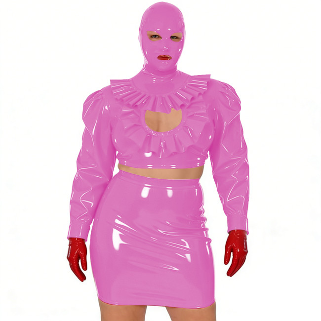 Wet Look Novelty Hollow Crop Top Bodycon Mini Skirt with Mask 3-Piece Set Sexy PVC Clubwear Halloween Party Cosplay Outfits 7XL