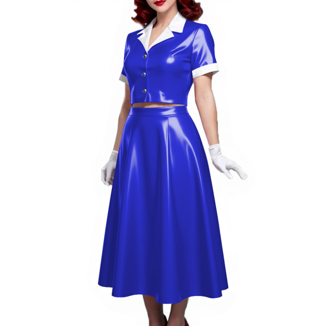 PVC Vinyl Leather Midi Dress Sets for Women 2 Piece Suit Wetlook Ladies Elegant Outfit Plus Size Button Top Pleated A-line Skirt