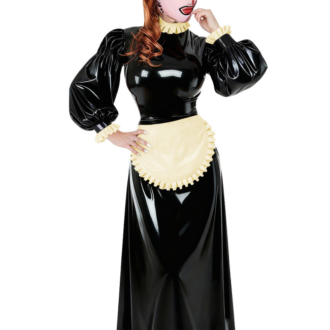 Lolita French Apron Maid Long Dresses Sissy Cross-dresser Waitress Maid Party Cosplay Costume Vinyl PVC Leather Maid Uniforms