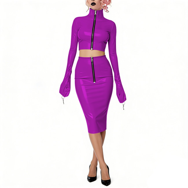 Shiny Vinyl PVC Dress Outfits Full Sleeves Stand Collar Crop Top with High Waist Bodycon Midi Skirt Club Bondage 2-Piece Set