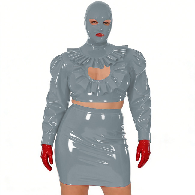 Wet Look Novelty Hollow Crop Top Bodycon Mini Skirt with Mask 3-Piece Set Sexy PVC Clubwear Halloween Party Cosplay Outfits 7XL
