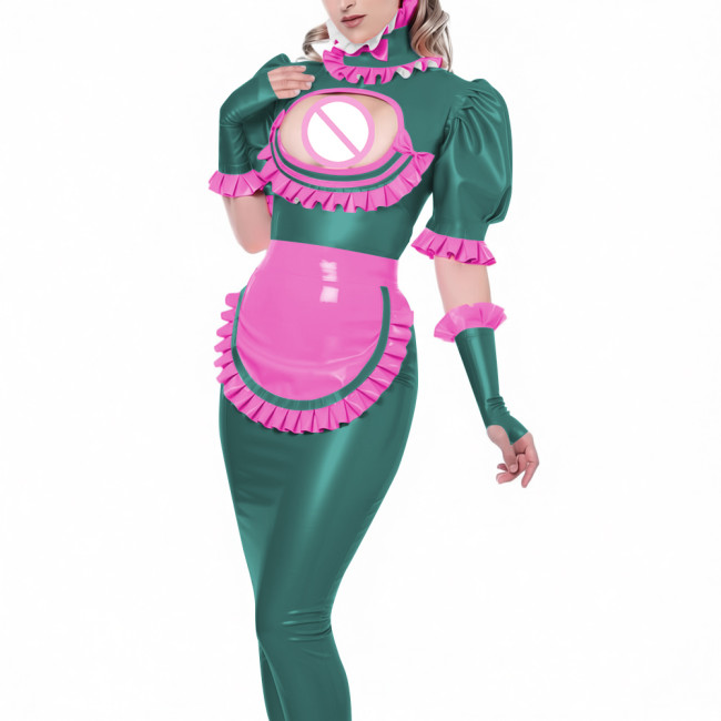Sexy Vinyl PVC Leather Bodycon Long Maid Dress with Ruffles Collar Hollow Matching Gloves Sissy Fetish Party Cosplay Maid Outfit