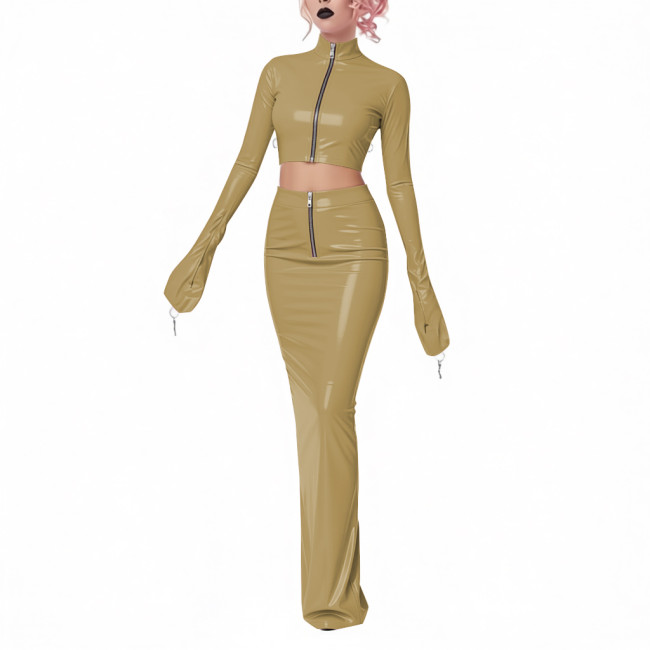 Exotic Shiny Latex-look 2-Piece Set PVC Leather Zipper Full Sleeve Crop Jacket High-Waisted Maxi Skirt Womens Club Party Outfit
